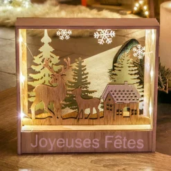 Déco Et Objet De Noël|Déco Et Objet Lumineux|Feeric Lights & Christmas Cadre en bois lumineux à piles (H16 cm) Rennes Blanc chaud