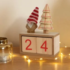 Déco Et Objet De Noël|KAEMINGK Calendrier de Noël cubes en bois (H18 cm) Père Noël bonnet Rouge Naturel