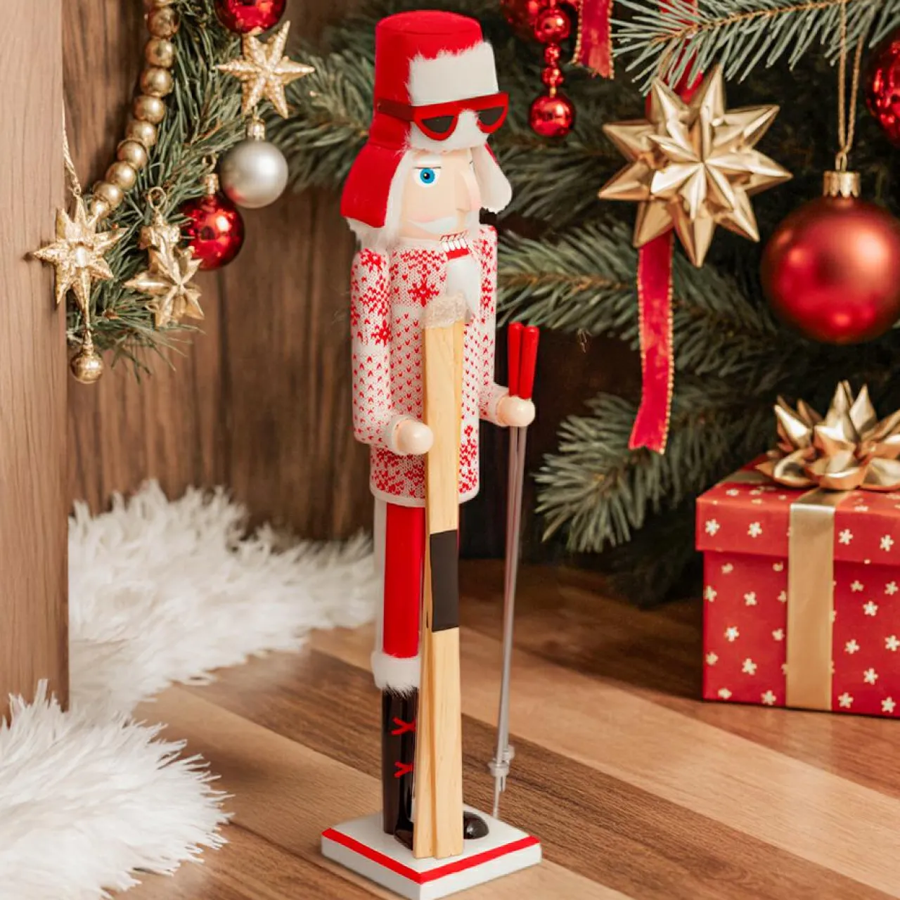 Père Noël, Animaux Et Personnage|JJA Casse-noisette en bois (H60 cm) Henri en ski et blanc Rouge