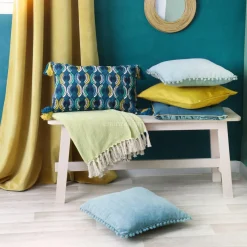 Coussin Et Housse|ATMOSPHERA Coussin carré (40 x 40 cm) Pompons Bleu canard