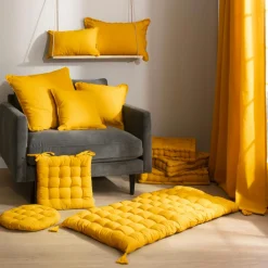 Coussin Et Housse|EMINZA Coussin carré coton (45 x 45 cm) Pixel franges Jaune moutarde
