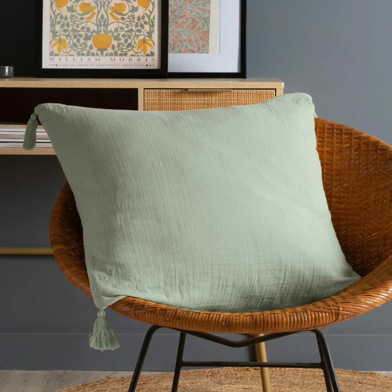Coussin Et Housse|EMINZA Coussin carré gaze de coton (60 x 60 cm) Gaïa Vert Eucalyptus