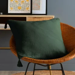 Coussin Et Housse|EMINZA Coussin carré gaze de coton (60 x 60 cm) Gaïa Vert sapin