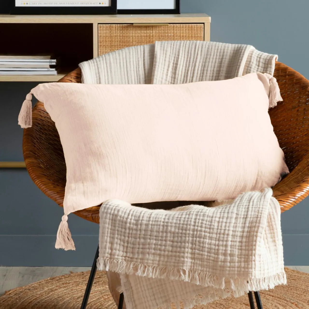 Coussin Et Housse|EMINZA Coussin rectangulaire gaze de coton (40 x 60 cm) Gaïa Rose poudré