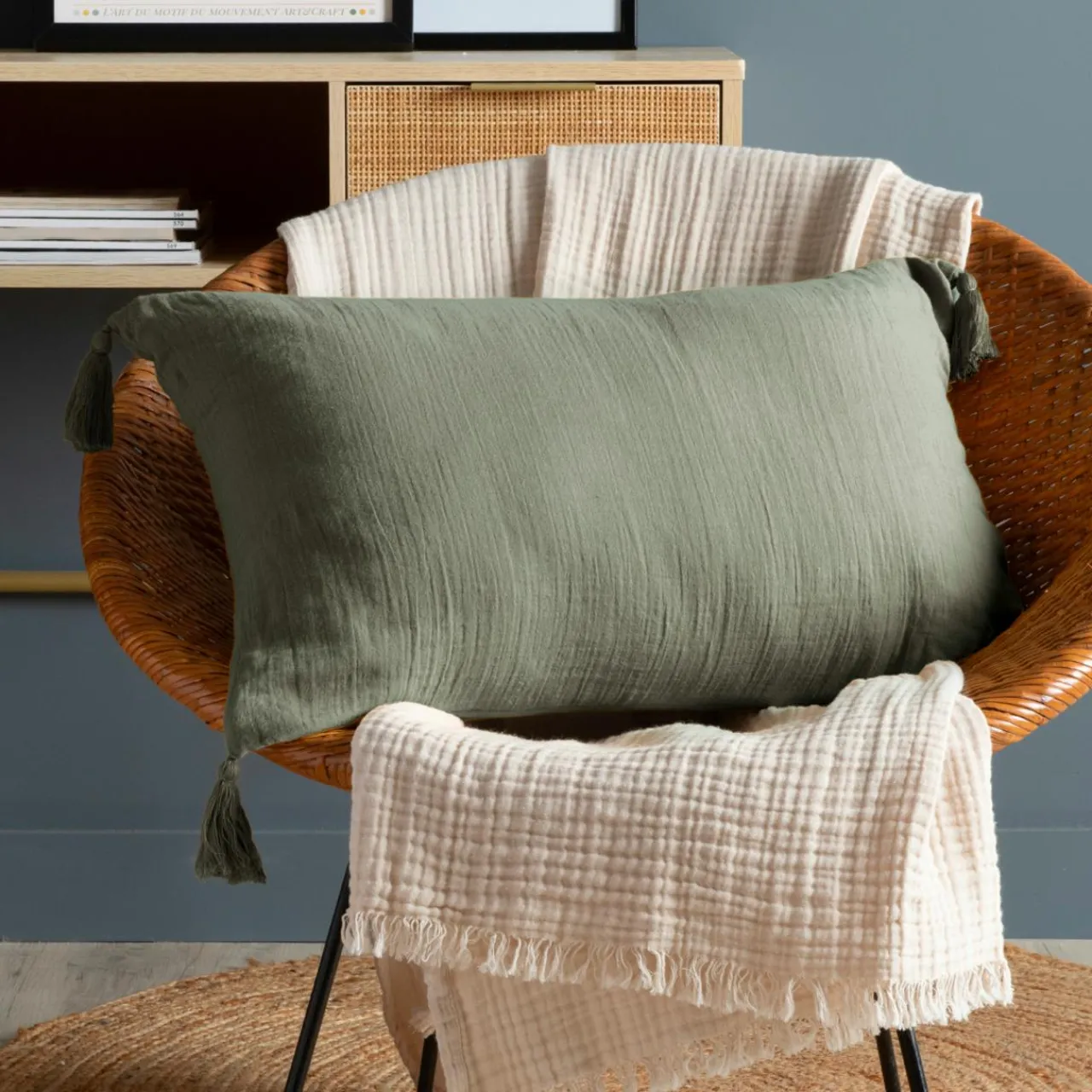 Coussin Et Housse|EMINZA Coussin rectangulaire gaze de coton (40 x 60 cm) Gaïa Vert romarin