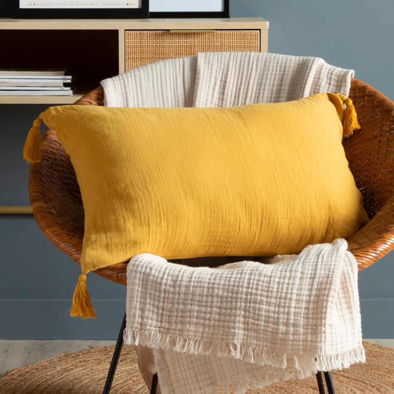 Coussin Et Housse|EMINZA Coussin rectangulaire gaze de coton (40 x 60 cm) Gaïa Jaune safran