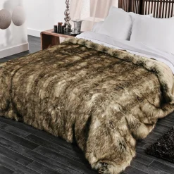 Couvre-Lit Et Édredon|LINDER Couvre-lit (250 x 260 cm) Imitation fourrure Grizzly Marron