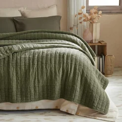 Couvre-Lit Et Édredon|EMINZA Couvre-lit coton matelassé (240 x 260 cm) Lena Vert romarin