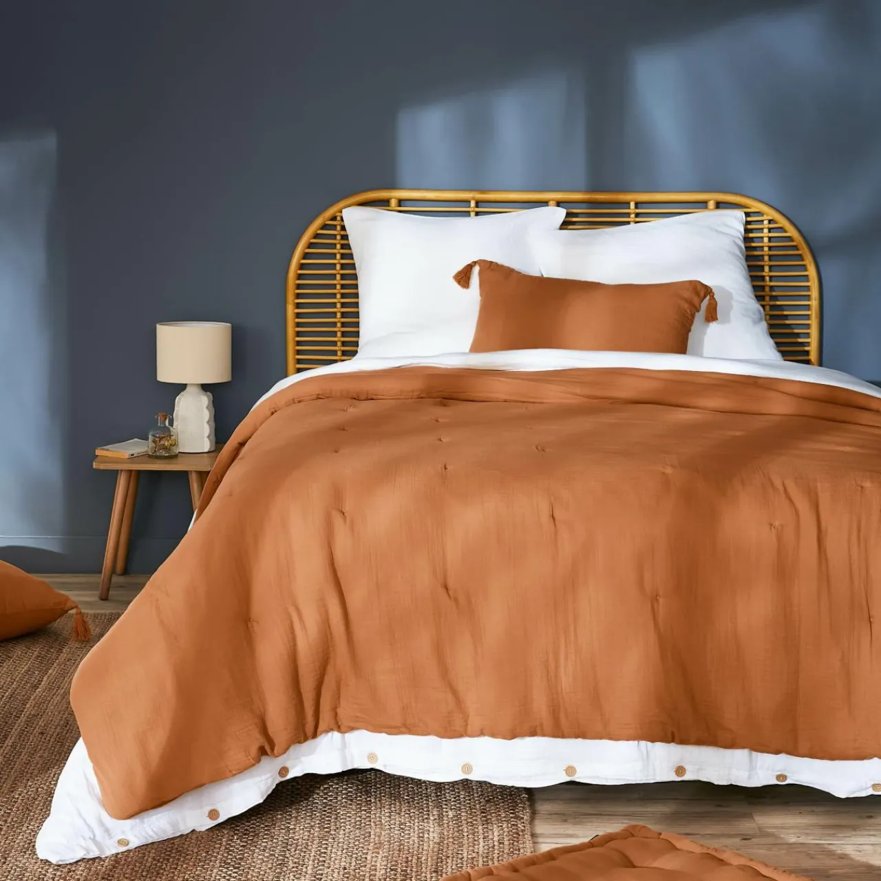 Couvre-Lit Et Édredon|EMINZA Couvre-lit matelassé gaze de coton (240 x 220 cm) Gaïa Abricot