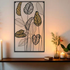 Toile, Cadre, Déco Murale|EMINZA Décoration murale en métal (H82 cm) Feuilles en ratan Noir