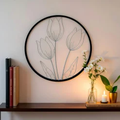 Toile, Cadre, Déco Murale|EMINZA Décoration murale ronde en métal (D46 cm) Tulipe Noir