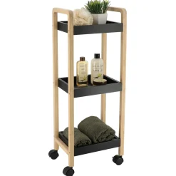Rangement Salle De Bain|Desserte, Meuble|TENDANCE Desserte à roulettes 3 niveaux (H79 cm) Bambou Noir