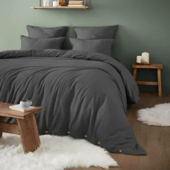 Drap Housse|EMINZA Drap housse flanelle de coton (200 x 200 cm) Nina Gris Anthracite