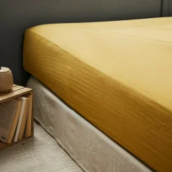 Drap Housse|EMINZA Drap housse gaze de coton (90 x 190 cm) Gaïa Jaune safran