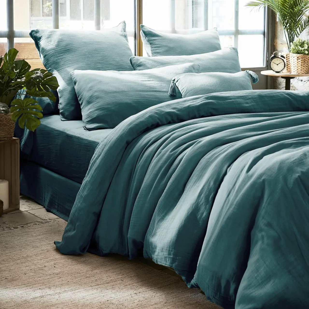 Drap Housse|EMINZA Drap housse gaze de coton (160 x 200 cm) Gaïa Bleu canard