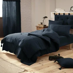 Drap Housse|EMINZA Drap housse gaze de coton (90 x 190 cm) Gaïa Bleu nuit