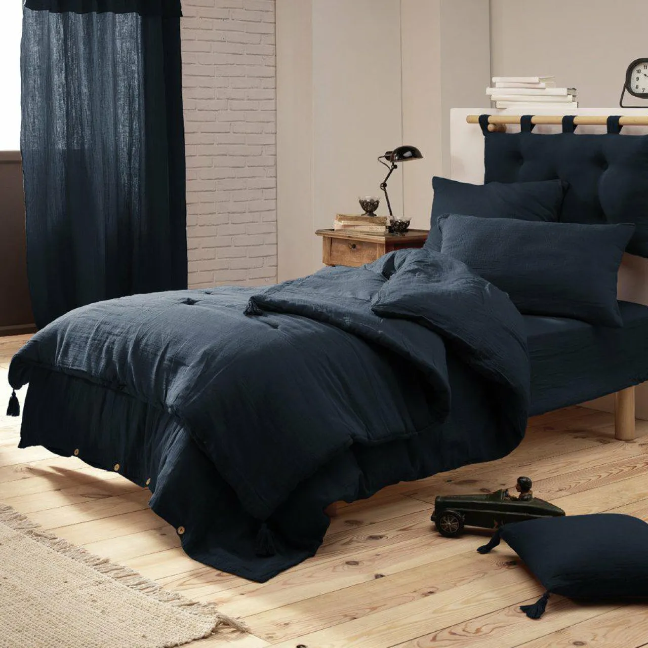 Drap Housse|EMINZA Drap housse gaze de coton (90 x 190 cm) Gaïa Bleu nuit