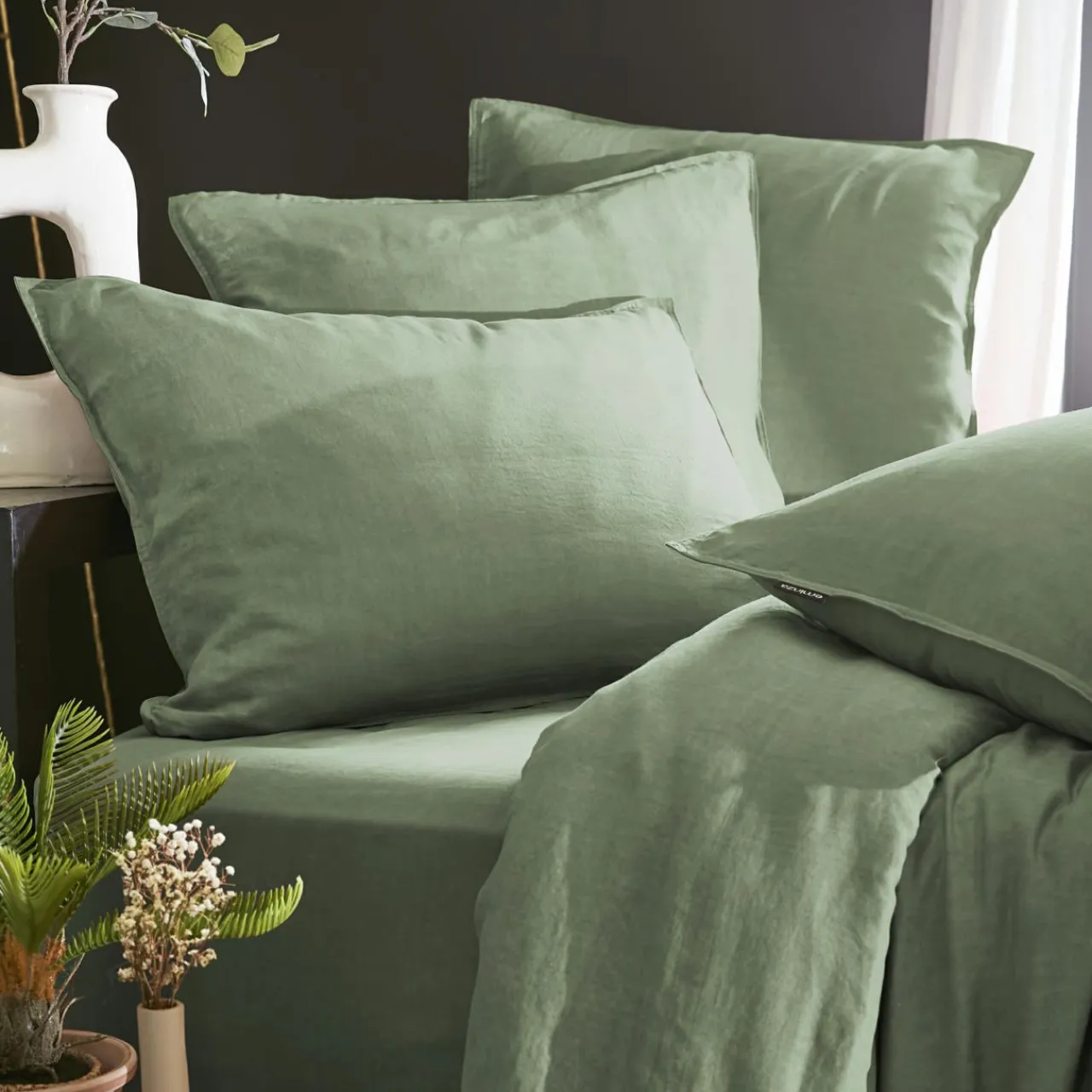 Drap Housse|EMINZA Drap housse lyocell Tencel™ lavé (90 x 200 cm) Olivia Vert romarin