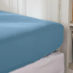 Drap Housse|EMINZA Drap housse percale de coton (90 x 190 cm) Cali Bleu Ciel