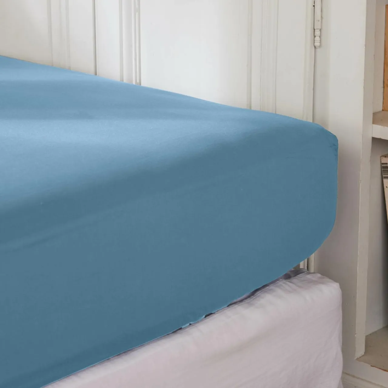 Drap Housse|EMINZA Drap housse percale de coton (180 x 200 cm) Cali Bleu Ciel