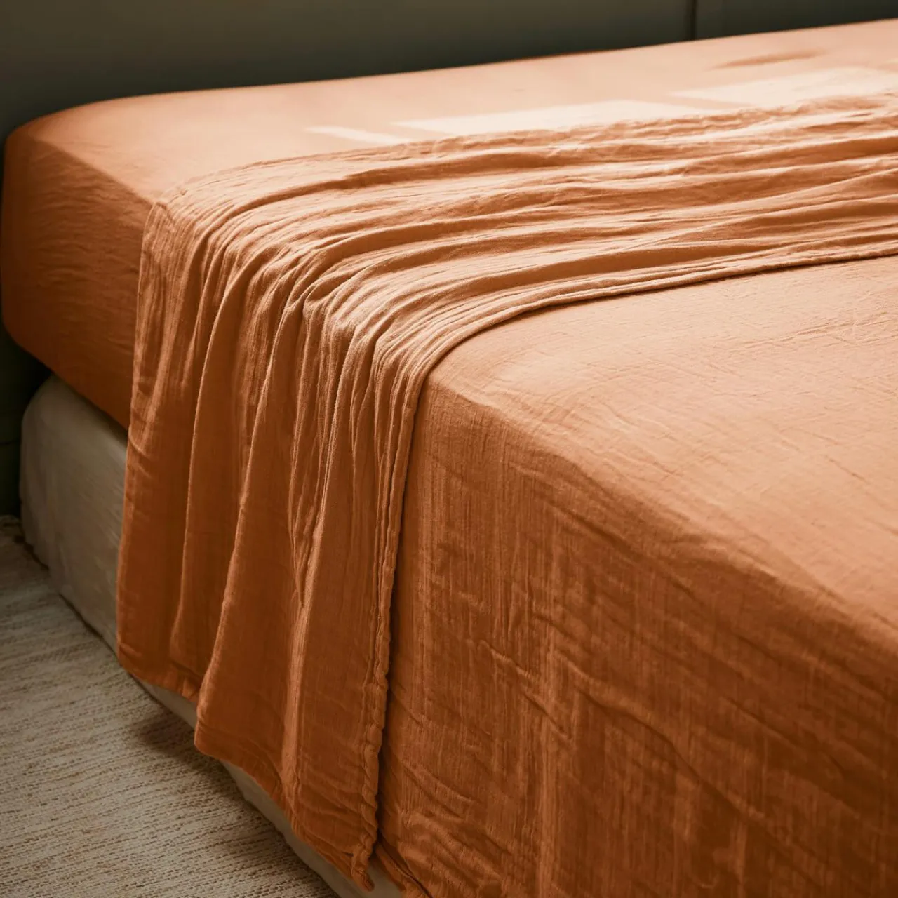 Drap Plat|EMINZA Drap plat gaze de coton (240 x 300 cm) Gaïa Abricot