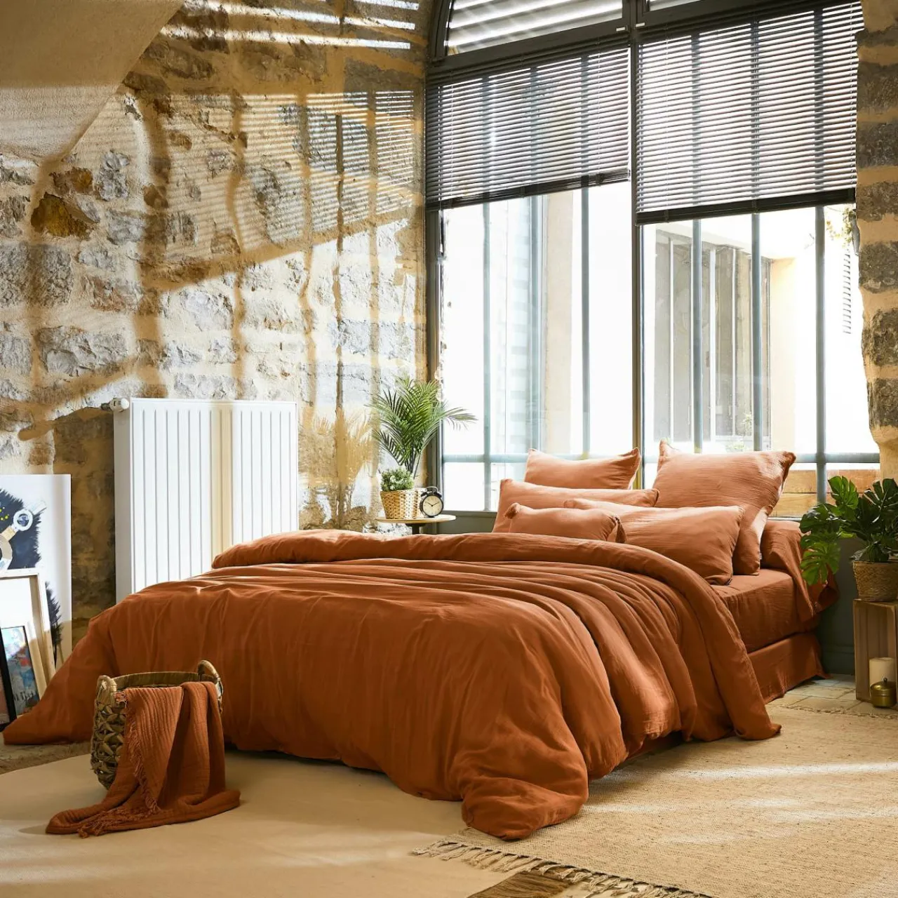 Drap Plat|EMINZA Drap plat gaze de coton (270 x 300 cm) Gaïa Abricot