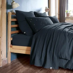 Drap Plat|EMINZA Drap plat gaze de coton (270 x 300 cm) Gaïa Bleu nuit