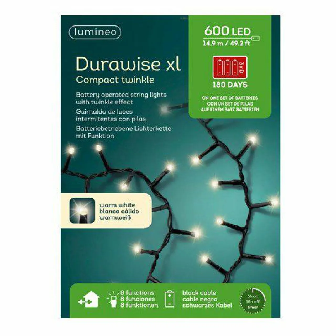 Guirlande Lumineuse|KAEMINGK Guirlande lumineuse Durawise à piles 14,98 m 600 LED câble noir Blanc chaud Blanc Chaud - câble noir