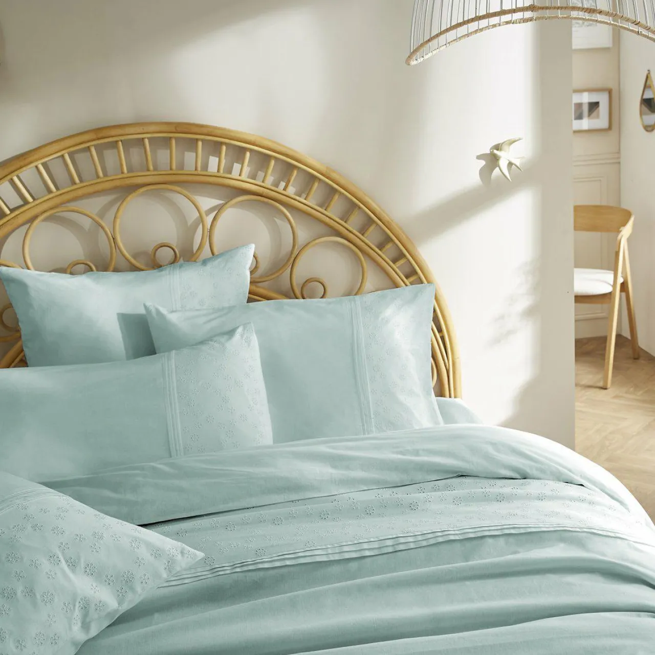 Housse De Couette|L'EFFET PAPILLON Housse de couette dentelle coton (260 x 240 cm) Jeanne Bleu clair