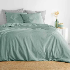 Parure De Lit|Housse De Couette|DOUCEUR D'INTERIEUR Housse de couette et deux taies coton lavé (260 x 240 cm) Linette Vert sauge