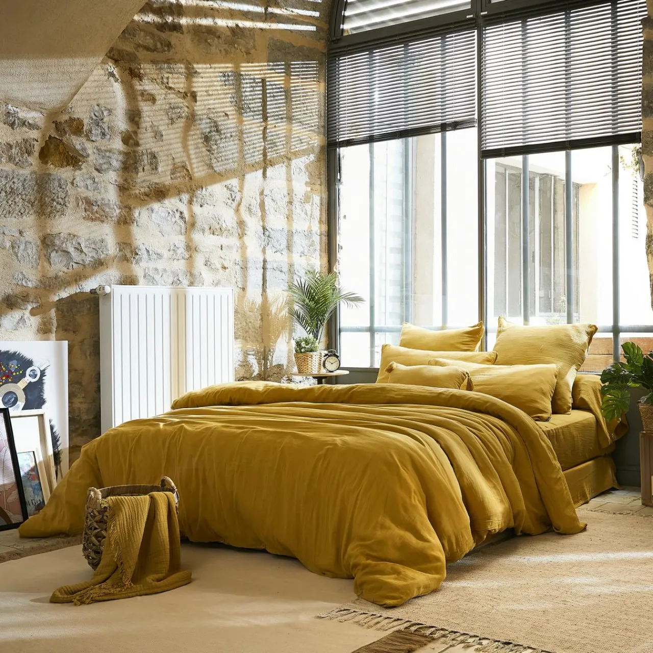 Housse De Couette|EMINZA Housse de couette gaze de coton (240 x 220 cm) Gaïa Jaune safran