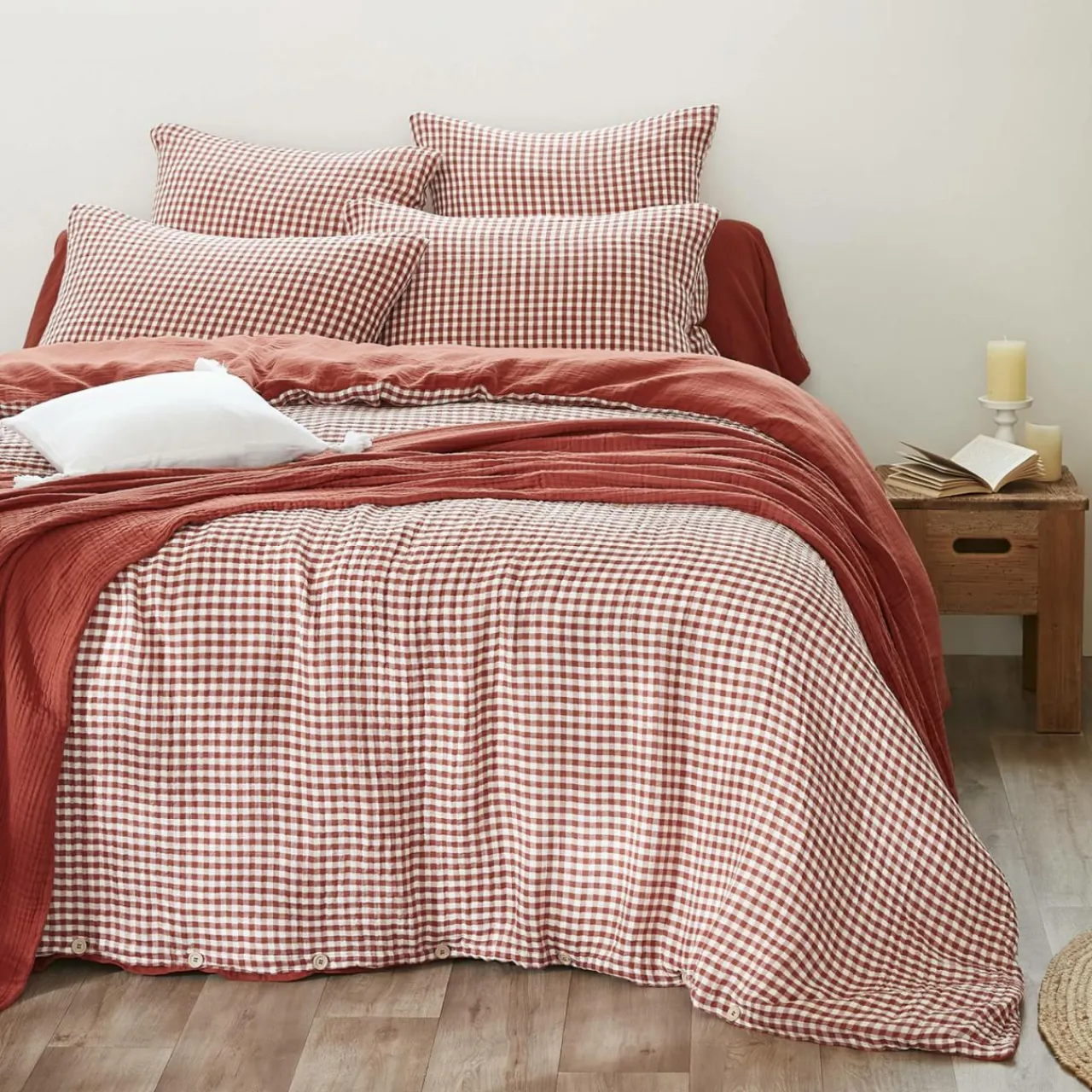 Housse De Couette|EMINZA Housse de couette gaze de coton (200 x 200 cm) Gaïa vichy Terracotta