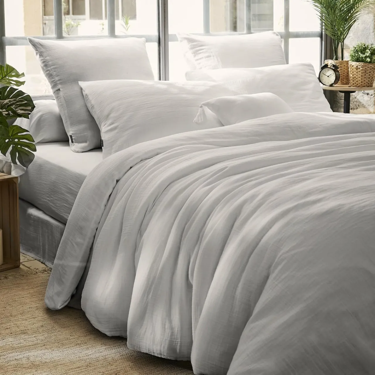 Housse De Couette|EMINZA Housse de couette gaze de coton (260 x 240 cm) Gaïa Gris nuage Gris clair