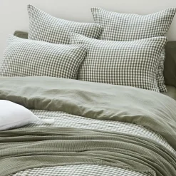 Housse De Couette|EMINZA Housse de couette gaze de coton (280 x 240 cm) Gaïa vichy Vert romarin Vichy romarin