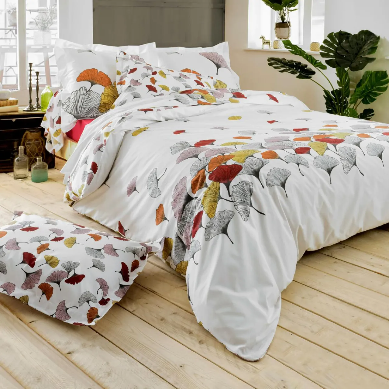 Housse De Couette|TRADI LINGE Housse de couette percale de coton (200 x 200 cm) Ginkgo Multicolore