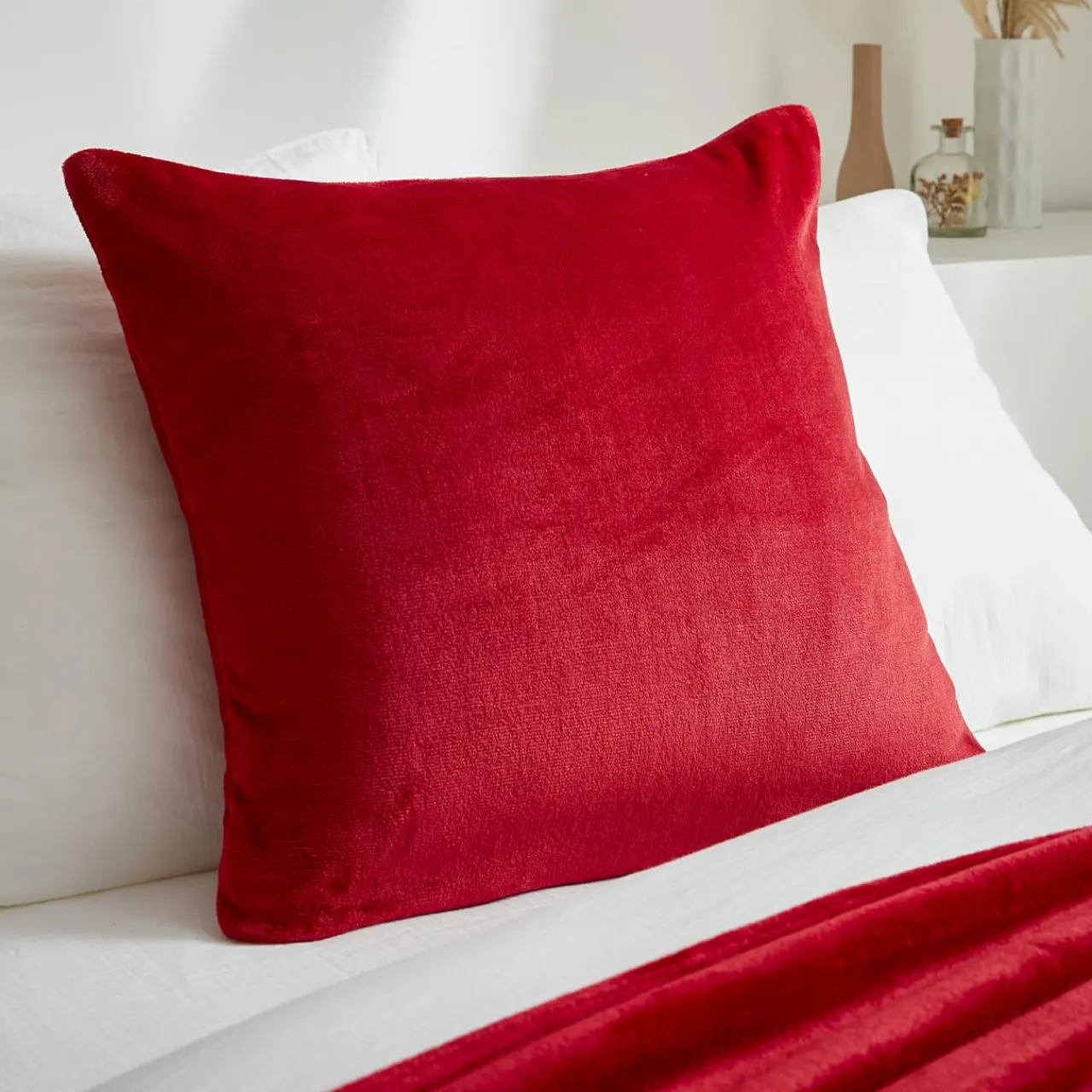 Coussin Et Housse|EMINZA Housse de coussin carrée flanelle (60 x 60 cm) Didou Rouge