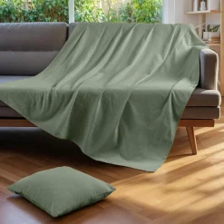 Plaid Et Jeté|Couvre-Lit Et Édredon|EMINZA Jeté de lit coton tissé (130 x 160 cm) Léa Vert romarin