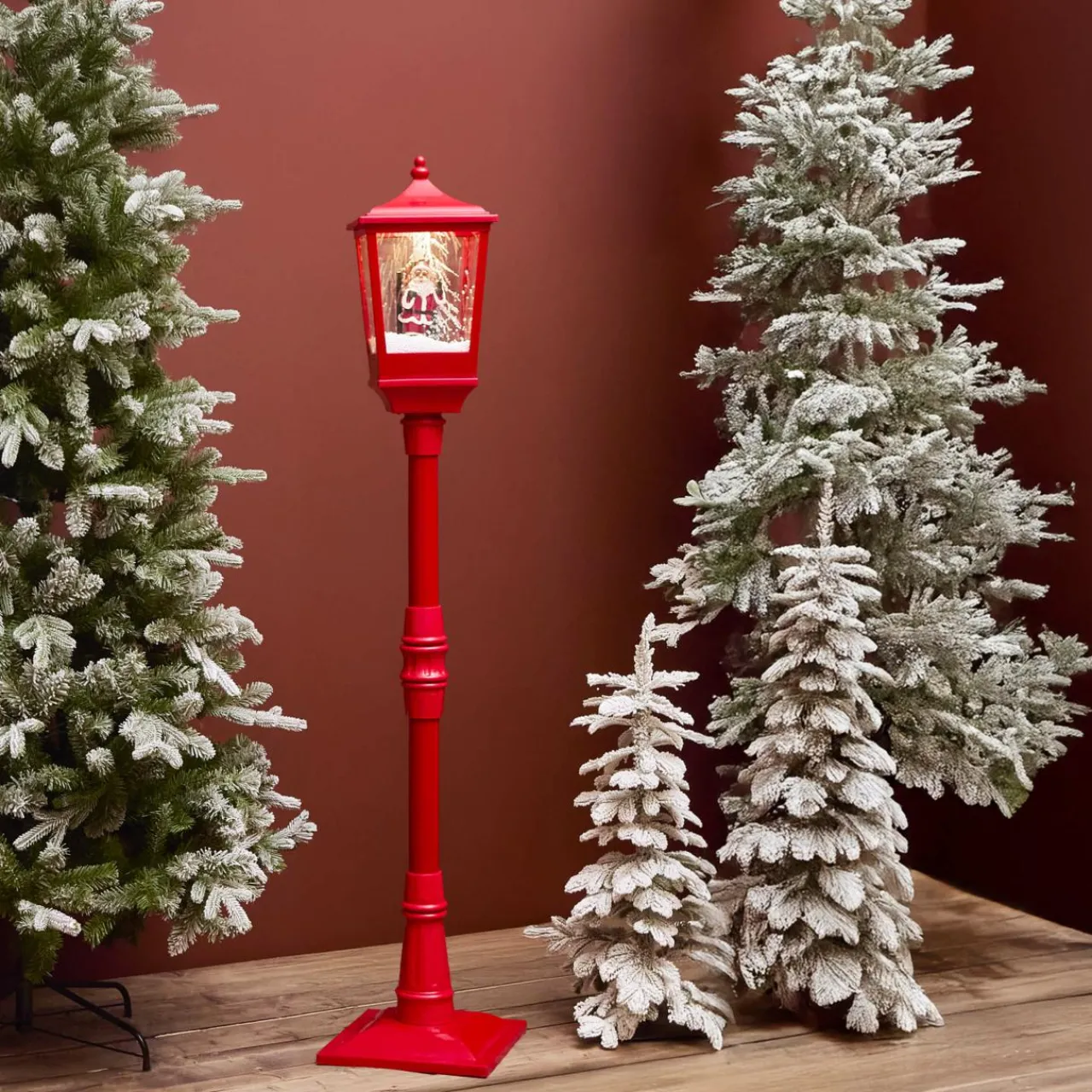 Personnage, Objet Grand Format|Déco Et Objet De Noël|KAEMINGK Lampadaire de Noël illuminé, musical et animé 10 LED (H185 cm) Neige tombante Rouge