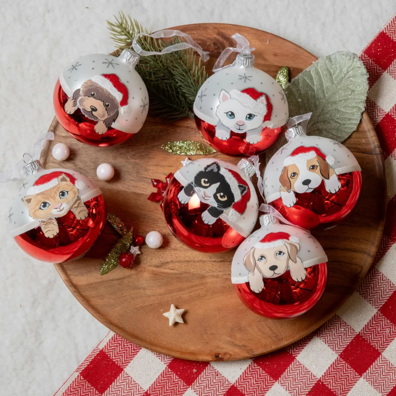 Boule De Noël|KAEMINGK Lot de 6 boules de Noël en verre (D80 mm) Chiens et Chats Rouge