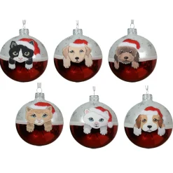 Boule De Noël|KAEMINGK Lot de 6 boules de Noël en verre (D80 mm) Chiens et Chats Rouge