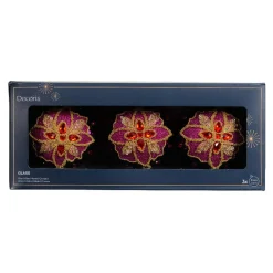 Boule De Noël|KAEMINGK Lot de 3 Boules de Noël en verre (D80 mm) Dahlia Rouge