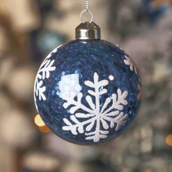 Boule De Noël|KAEMINGK Lot de 3 boules de Noël en verre (D80 mm) Flocons et sequins Bleu nuit