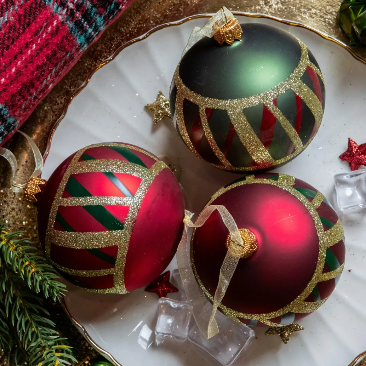 Boule De Noël|KAEMINGK Lot de 6 boules de Noël en verre (D80 mm) Carreaux Vert et Rouge