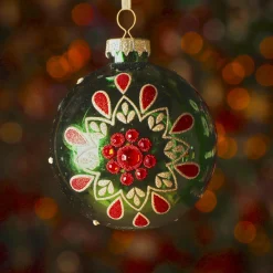 Boule De Noël|KAEMINGK Lot de 3 boules de Noël en verre (D80 mm) Folk Flower Vert