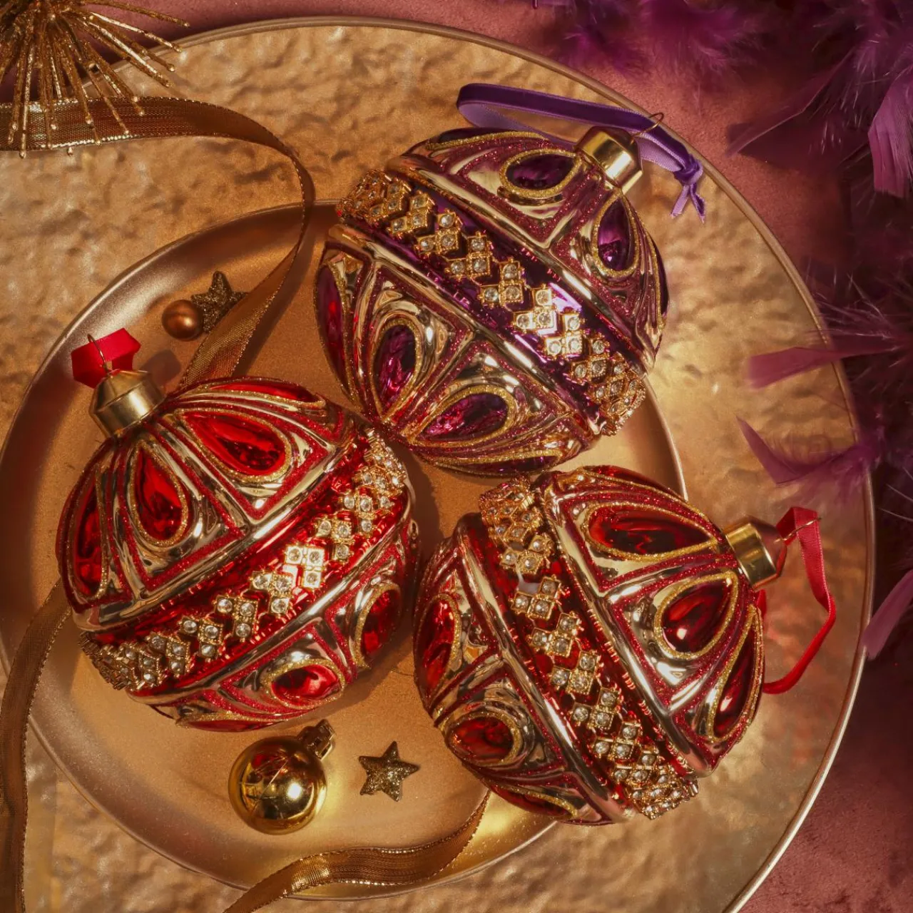 Boule De Noël|KAEMINGK Lot de 12 boules de Noël en verre (D100mm) Diamant Rocaille Rouge et Violet