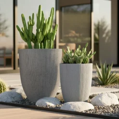 Déco Extérieur Et Cache-Pot|Déco Extérieur Et Cache-Pot|EMINZA Lot de 2 cache-pots d'extérieur (H57-48 cm) Lennox strié Gris clair