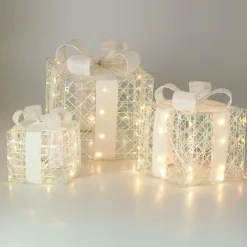Déco Et Objet Lumineux|KOOPMAN Lot de 3 cadeaux lumineux à piles 90 LED (H20 cm) Lumière d'hiver Blanc chaud