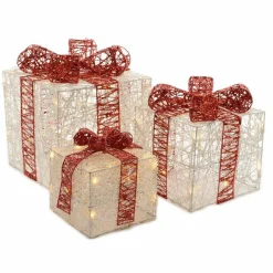 Déco Et Objet De Noël|Déco Et Objet Lumineux|EMINZA Lot de 3 cadeaux lumineux 65 LED (H25 cm) Santa blanc et Blanc chaud