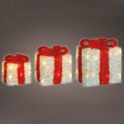 Déco Et Objet De Noël|Déco Et Objet Lumineux|EMINZA Lot de 3 cadeaux lumineux à piles 65 LED (H30 cm) Ruban Rouge et Blanc chaud