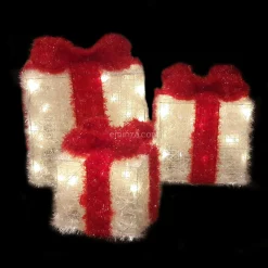Déco Et Objet De Noël|Déco Et Objet Lumineux|EMINZA Lot de 3 cadeaux lumineux à piles 65 LED (H30 cm) Ruban Rouge et Blanc chaud